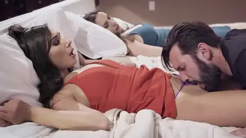 Hubby Licking Young Stunner's Vulva Next To Sleeping Wifey