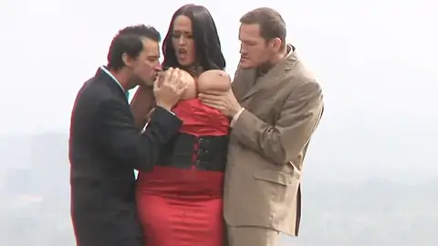 Bodacious Dark-haired With Hefty Udders In Dominating Trio Way Outdoors