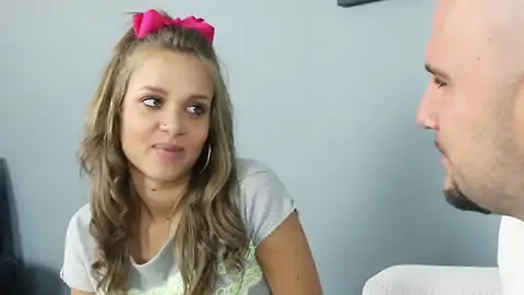 Towheaded Teenage With Petite Tits Chatting To A Clean-shaven Man